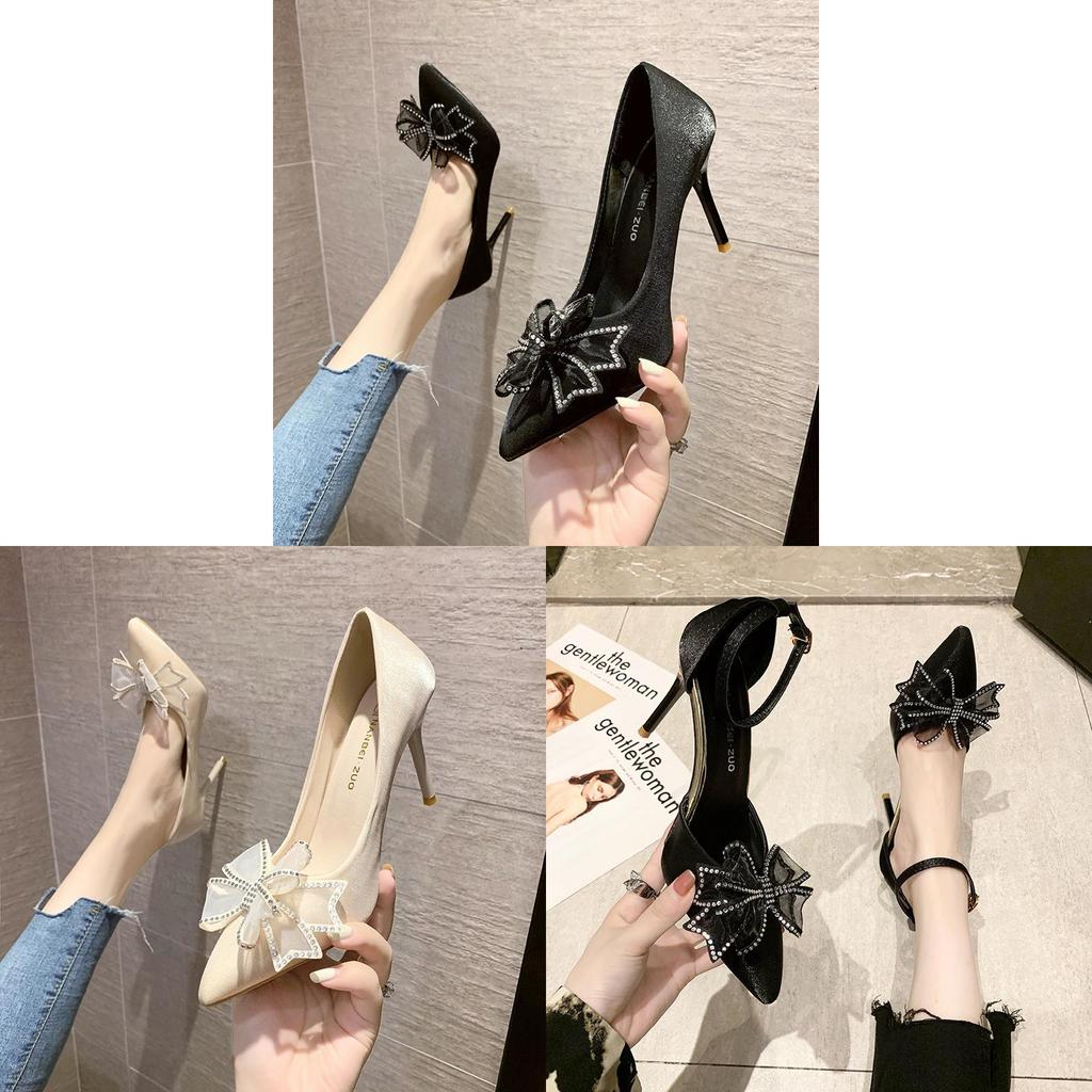 High Heel Shoes For Women With Butterfly Bow Water Dots Leathercombination For Daily Wear