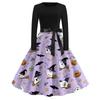 Women's Casual Vintage Halloween Dress Long Sleeve Crew Neck Retro Swing Dress with Spider Web and Bat Print and Waist Tie Belt for Everyday Wear