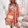 Sweet Style Multi-layer Patchwork Hem Dress Women V Neck Pullover Flared Sleeves Dresses Female Casual Bohemian Print Midi Gown