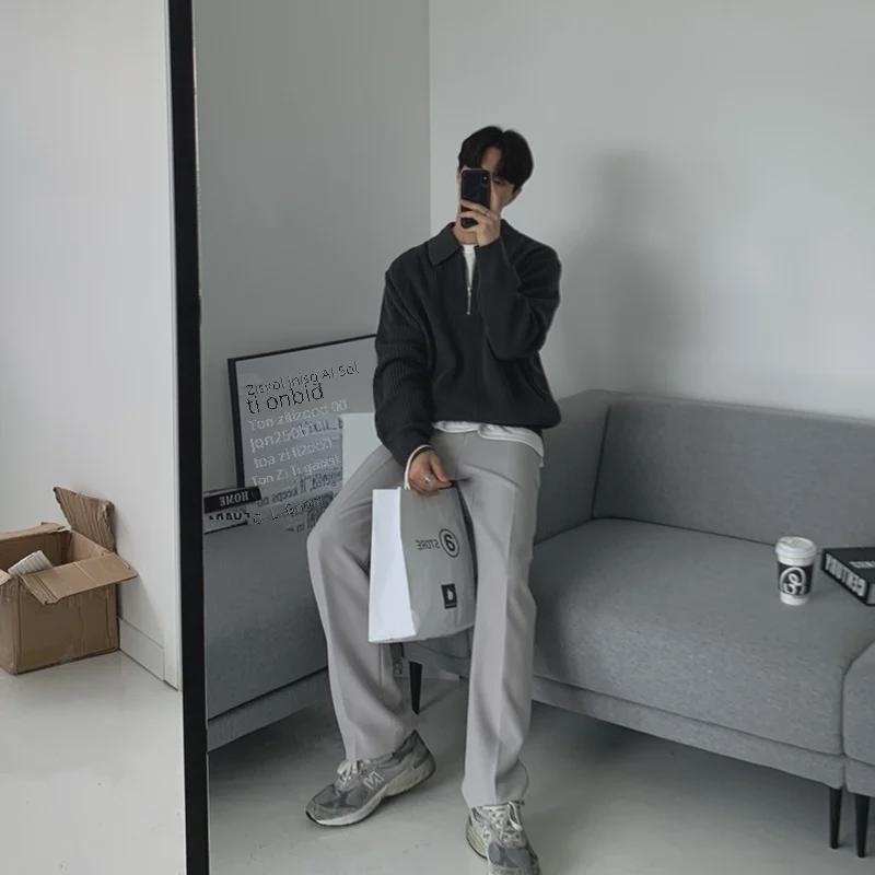 Мужской свитер в японском ретро-стиле с полумолнией и лацканами, осенне-зимний - свободный и повседневный стиль