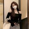 Off Shoulder Cropped Top Sexy Slim Women Thin Sweater Knitted Pullover Hottie Long Sleeve Tight Undershirt Hanging Neck Design