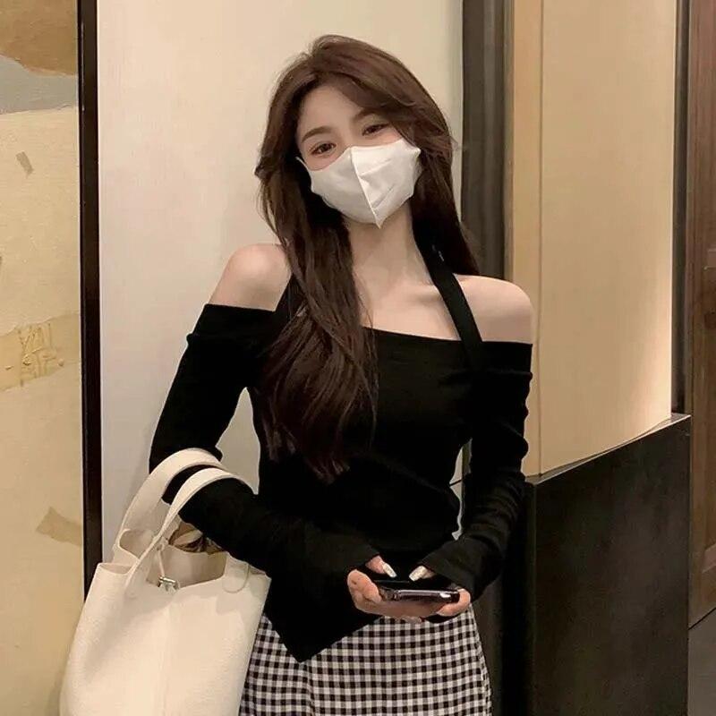 Off Shoulder Cropped Top Sexy Slim Women Thin Sweater Knitted Pullover Hottie Long Sleeve Tight Undershirt Hanging Neck Design