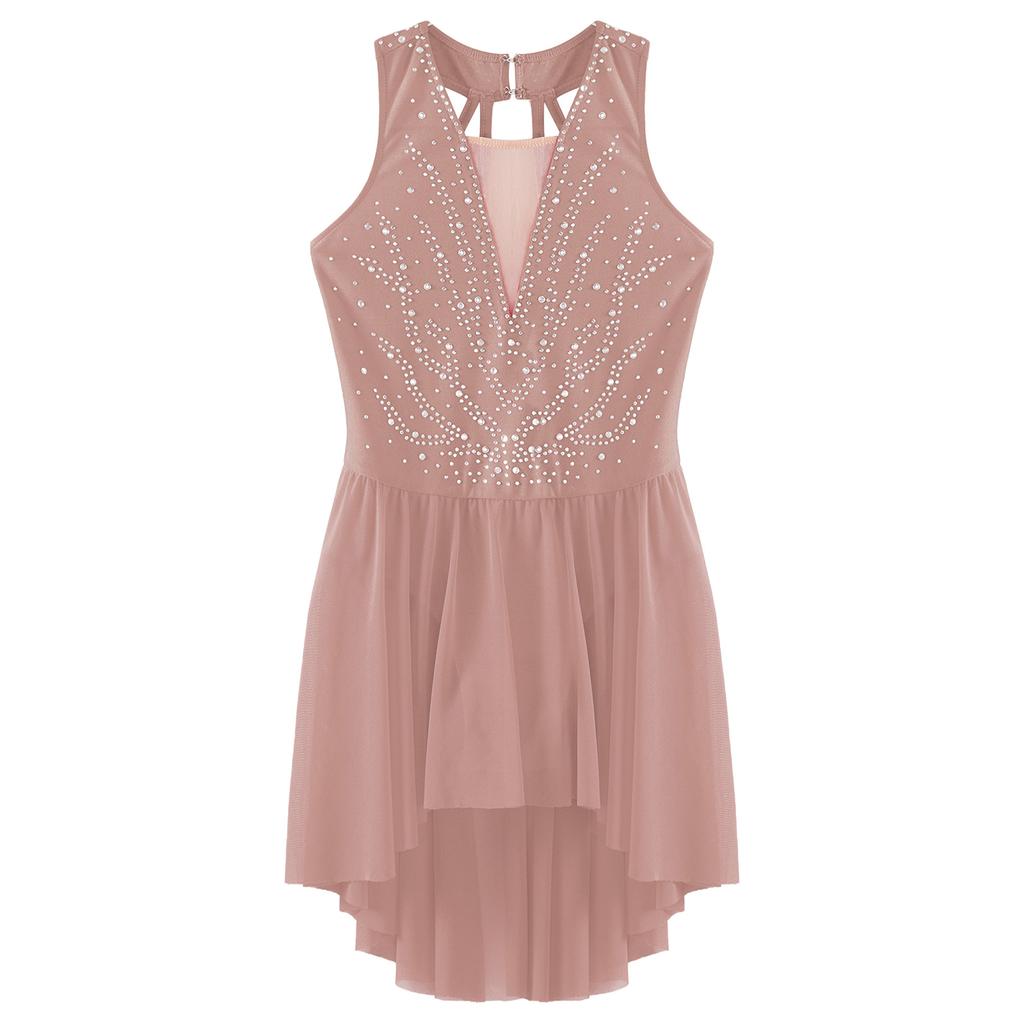 Детское платье для выступлений с асимметричным подолом и бретелями сзади для танцев на льду