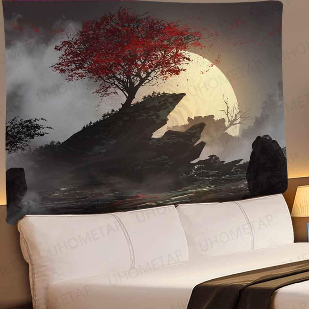 Vintage Moon Tapestry,Nature Fantasy Night Landscape Red Tree 80x60Inch