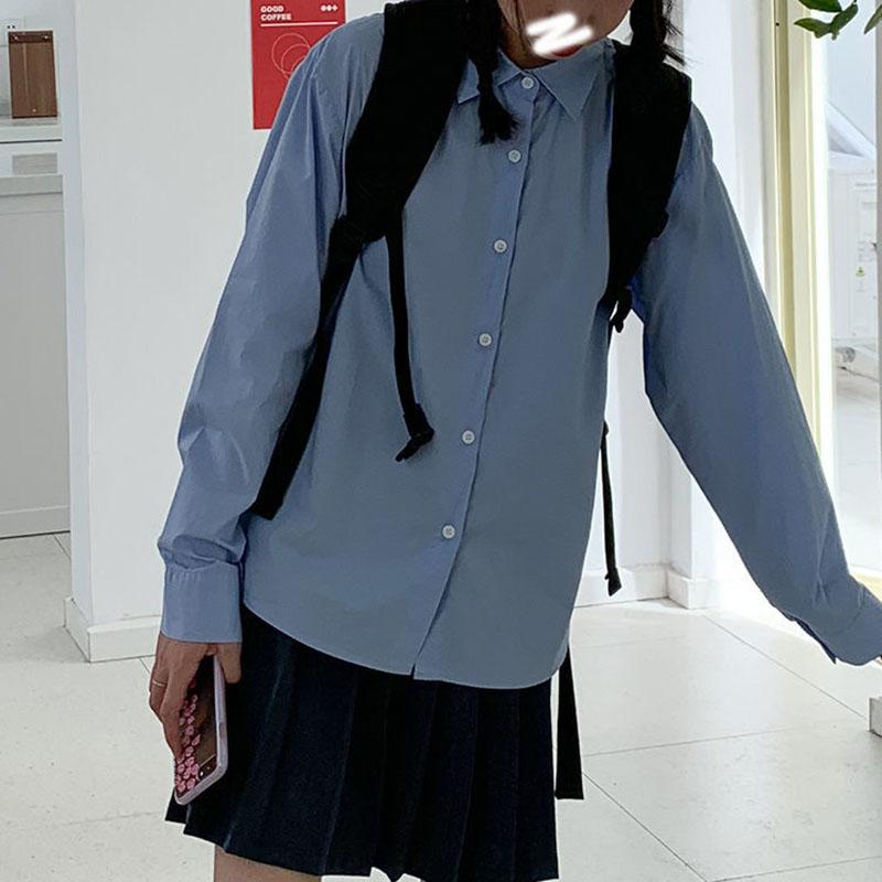 Женская однотонная рубашка, свободная блузка с длинными рукавами, рубашка с длинными рукавами в гонконгском стиле, летняя рубашка, модная одежда для девочек