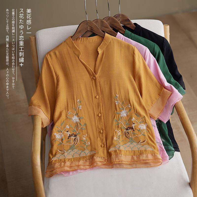Летняя новая хлопково-льняная рубашка с коротким рукавом, ретро вышивкой, V-образным вырезом, свободный и тонкий топ, женская одежда
