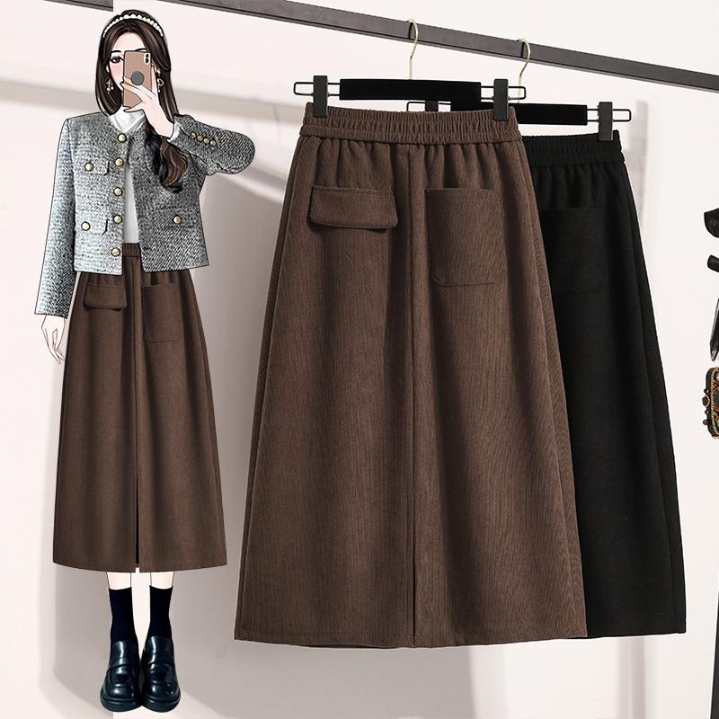 2024 Осень Зима Плюс Размер Длинные Женские Юбки Однотонные А-силуэта Большие Размеры Женские Элегантные Юбки С Высокой Талией И Разрезом