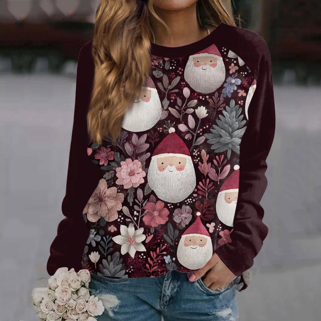 Women's Fashion Casual Long Sleeve Christmas Printed  Neck Sweatshirt Top