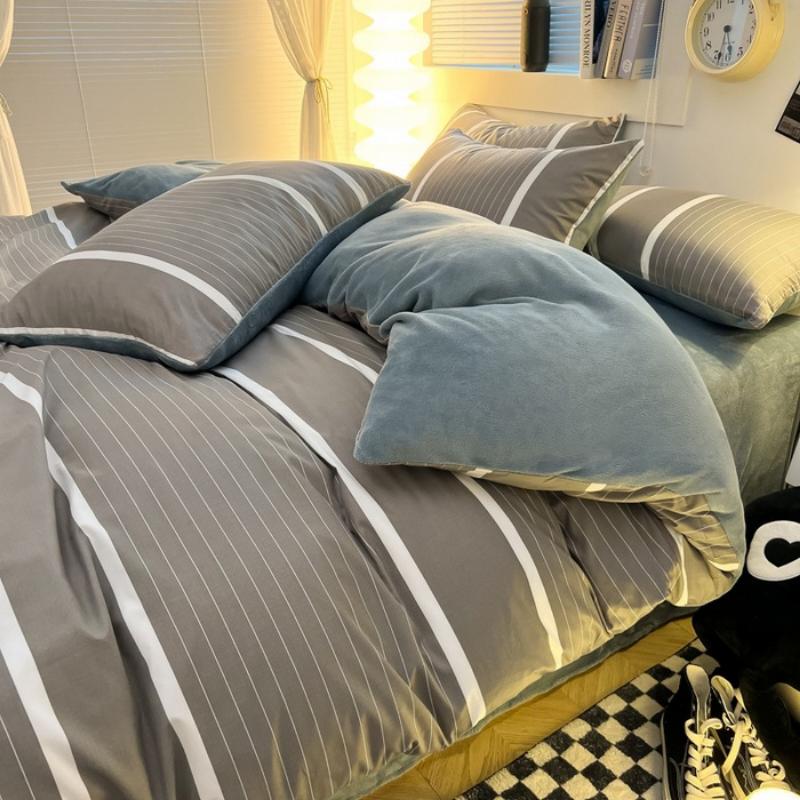 Комплект из четырех предметов из молочного флиса, простыни из стираного хлопка, утолщенный флис, простой полосатый комплект из трех предметов для общежития