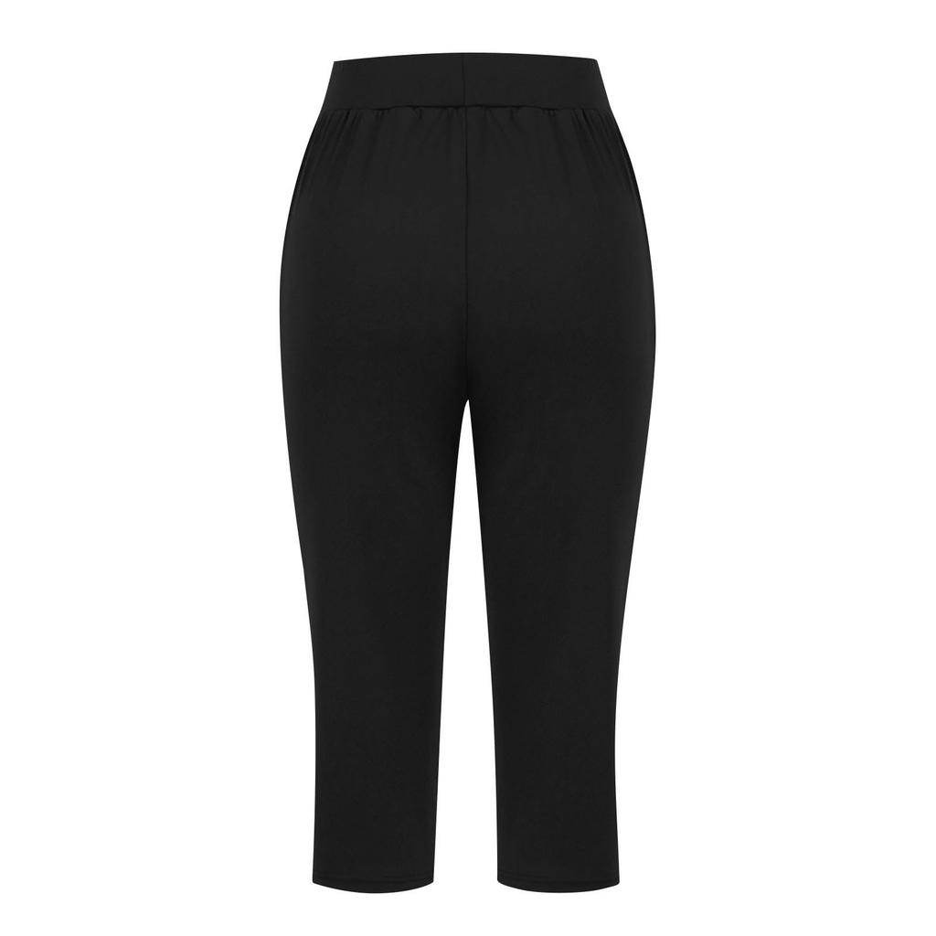Women  Elastic High Waist 3/4 Pant Casual Active  Fit Wide Capris Leg Pants Trousers With Pockets