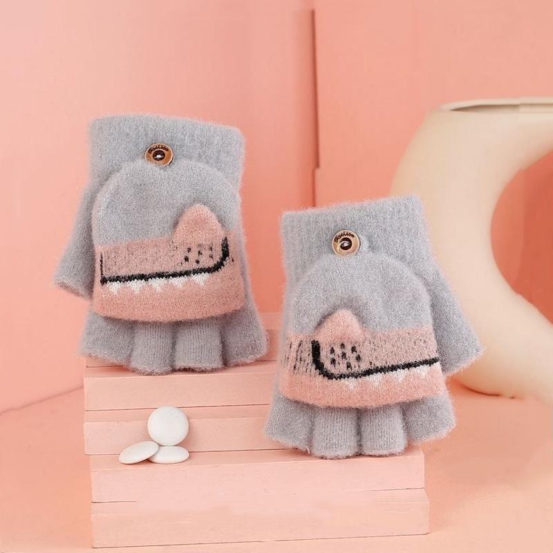 Toddler Kids Winter Knitted Fingerless Cartoon Gloves Thick Warm Outdoor Writing Convertible Flip Top Half Finger Mittens