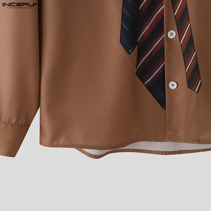 INCERUN Мужские рубашки оверсайз с лацканами, длинным рукавом, полосатым принтом, на пуговицах, повседневные