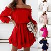 Dress Off Shoulder Backless Ruffle Long Sleeves Pleated Patchwork Solid Color A-line Lady Prom
