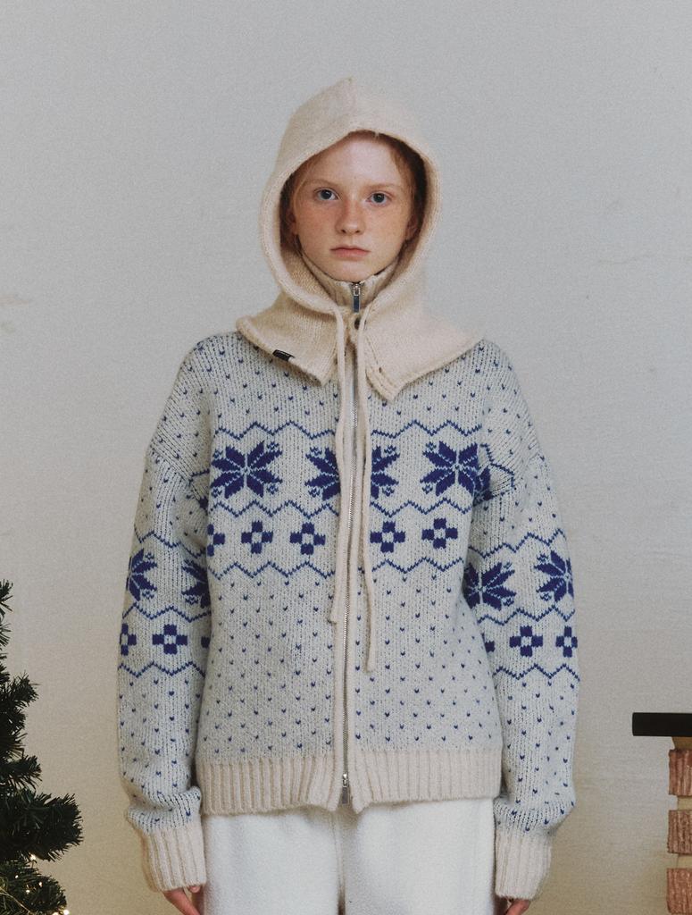 CLUNY Nordic Wool Jacquard Twoway Zipup Knit - Cream Blue