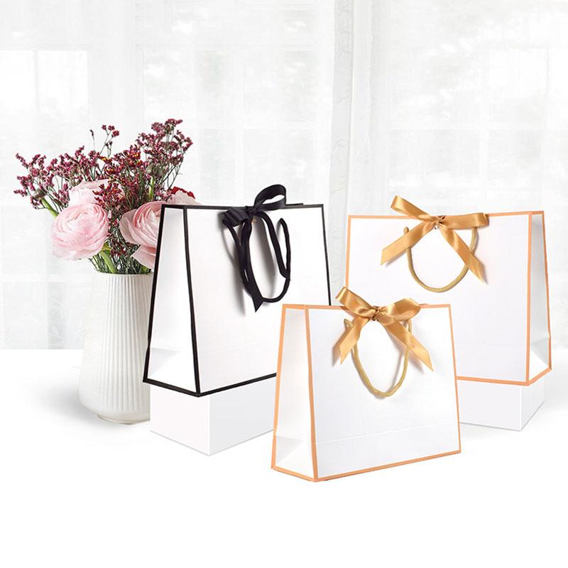 WTEMPO Ribbon Bow Paper Bags with Handles DIY Universal Packaging Bags Simple Elegant Shopping Bags Perfect for Birthday Wedding and Other Festivals