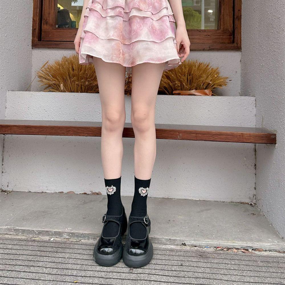 Хлопковые носки до середины икры с хрустальным стразом в форме сердца Женские мягкие носки-гольфы в стиле Y2K