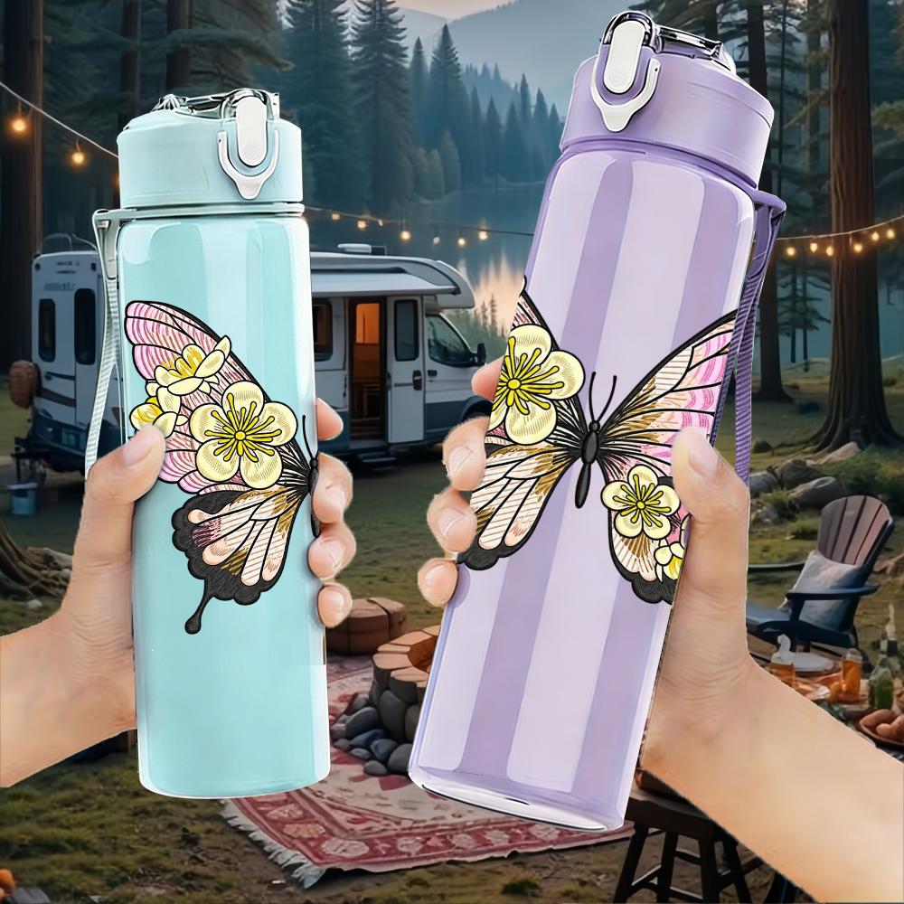 1PC Pastel Double Butterfly Floral Graphic,750ml Color Plastic Sports Water Bottle,Leakproof Flip Straw Lid,Suitable for Sports Office Home Use