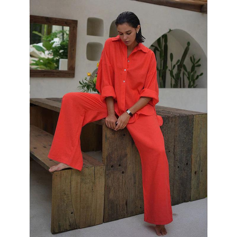 Tooxika Ladies Новый свободный комплект из хлопковой рубашки и широких брюк