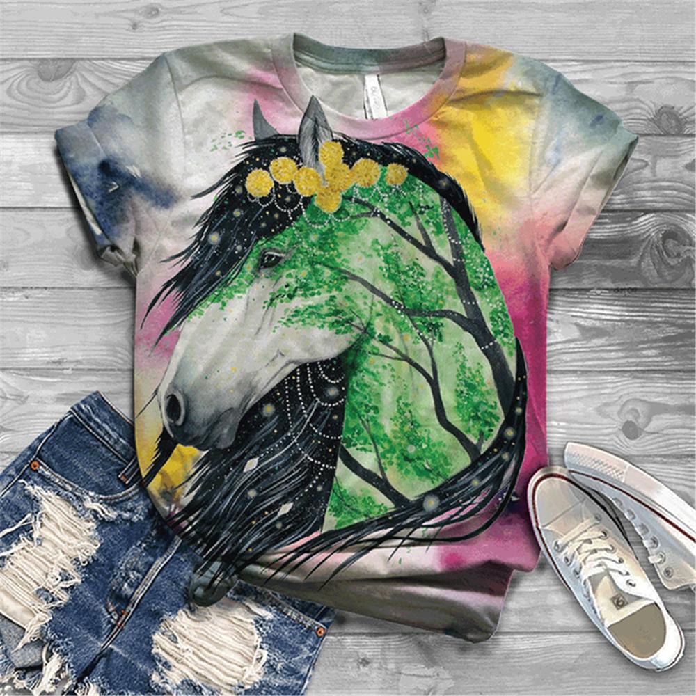 Женская футболка с коротким рукавом, летняя повседневная анимационная лошадь, цифровой 3D принт, сексуальный топ с диагональным воротником, свободный женский пуловер