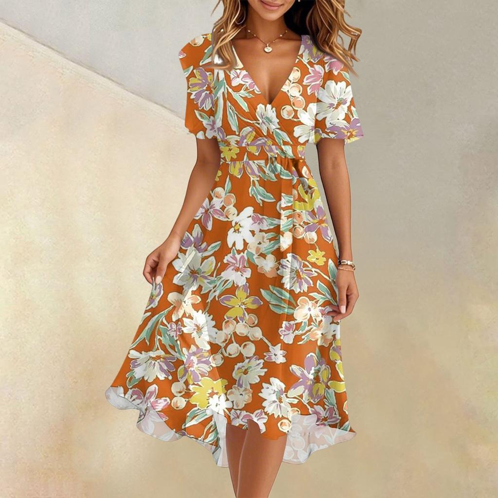 Women's Summer Fashion V-Neck Flared Dress Short Sleeve Floral Dresses
