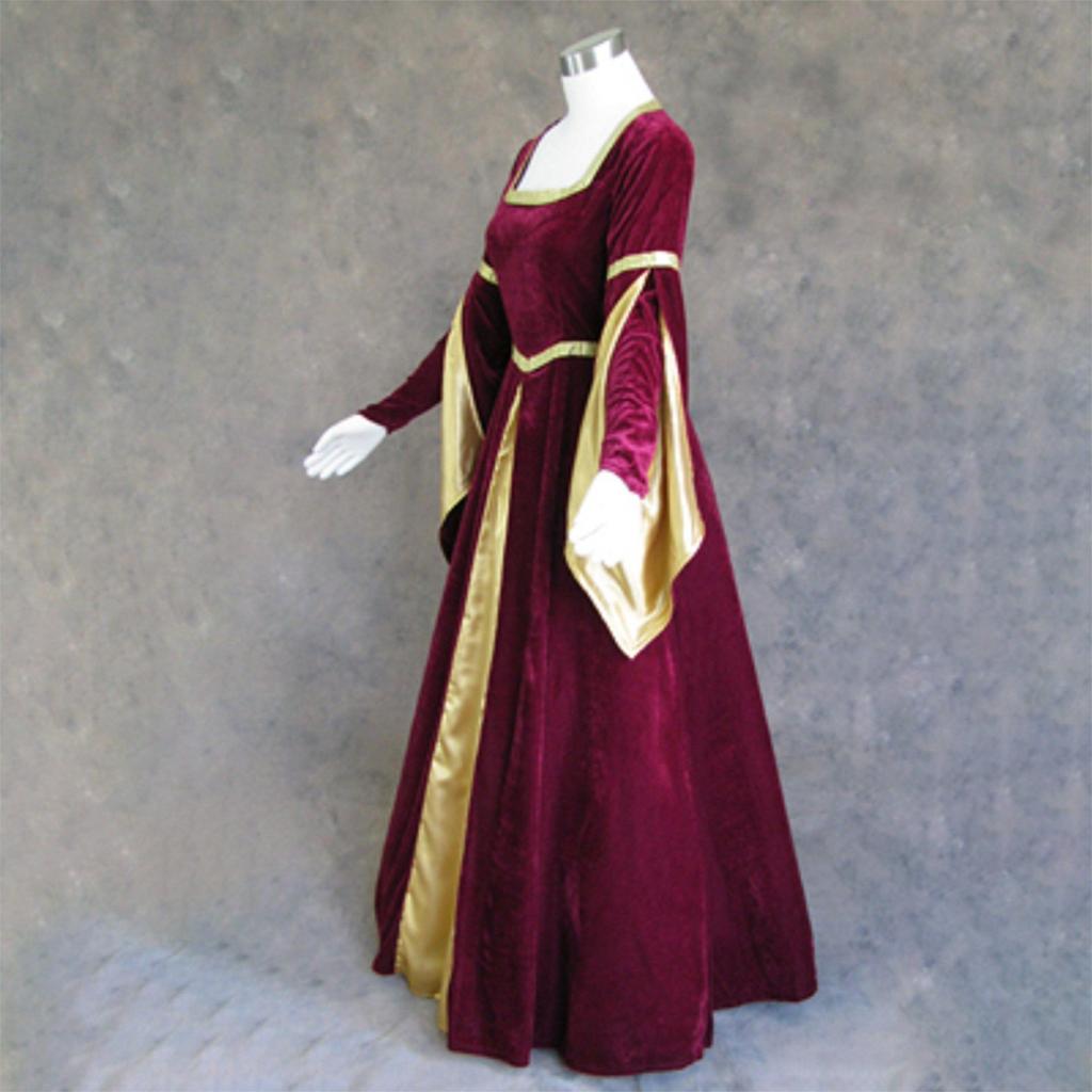 Women's Halloween Fashion Gold Velvet Vintage Leaf Sleeves Long Swing Dress