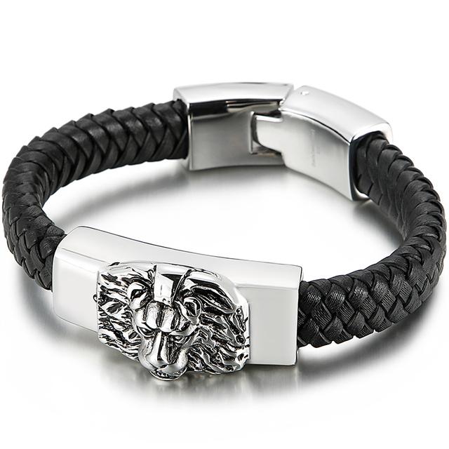 Мужской браслет в стиле панк-рок из нержавеющей стали с головой льва, 11 мм, кожаные ремешки на руки, аксессуары для мужчин, манненская повязка на руку