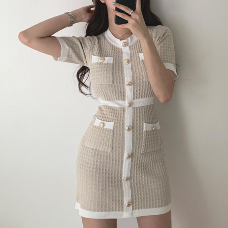 Вязаное платье на пуговицах, облегающее мини-платье Curto, корейское летнее сексуальное вечернее элегантное черное платье Moda Feminina Ropa Mujer