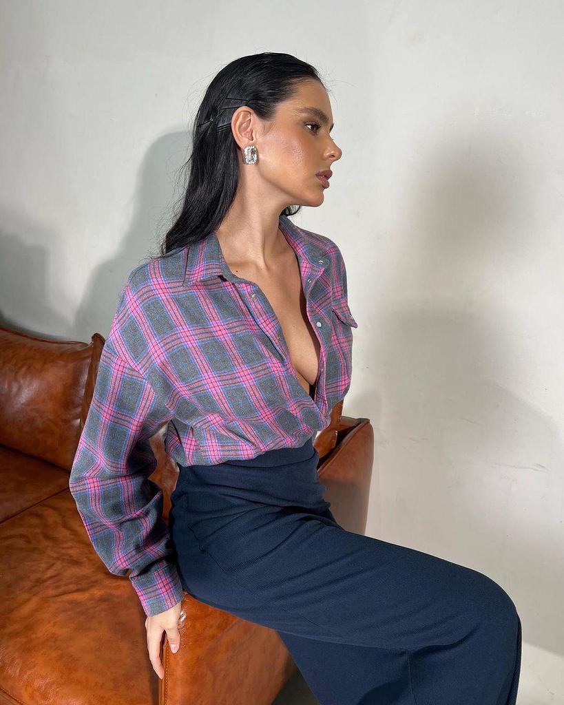 2024 Осень Женская Ретро Клетчатая Рубашка Свободного Отворота С Длинными Рукавами И Карманом