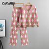 Autumn Women's Wide Leg Pants Temperament Set Plaid Casual Knit Cardigan Top Pants Two Piece Tide