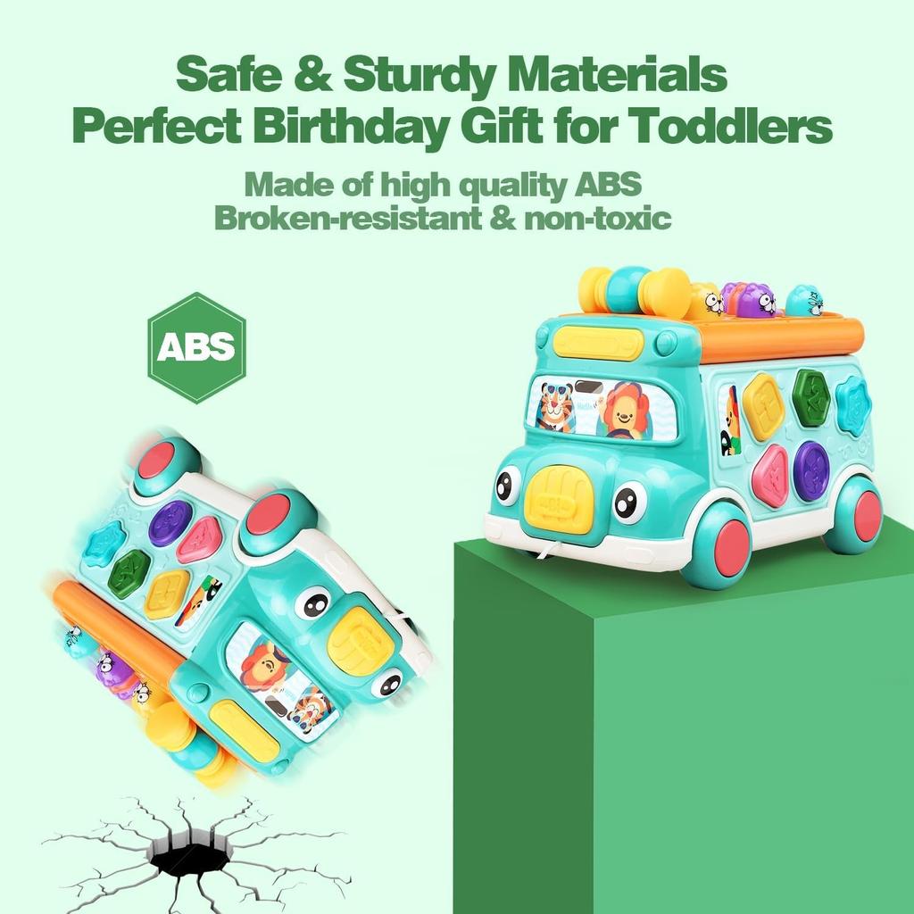 Music Activity Bus Baby Toy with Sound & Light Shape Sorter Whack-a-Mole Toys Interactive Game Cartoon School Bus for Kids