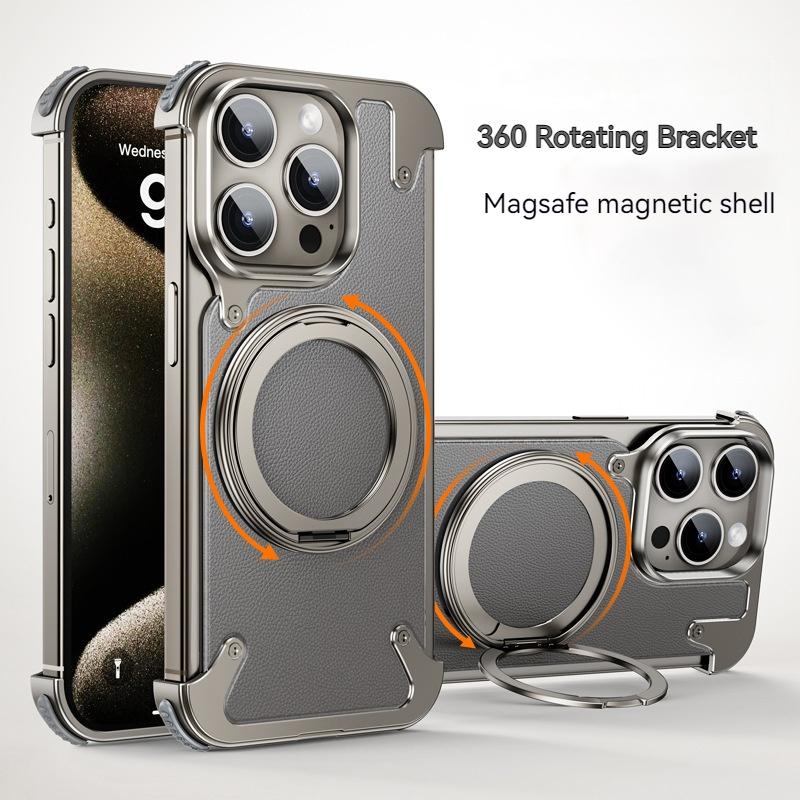 Чехол-подставка с магнитным вращением на 360° для iPhone 15 16 ProMax, металлический безрамный 16Pro, кожаный ультратонкий защитный задний чехол