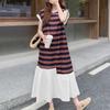 Женское повседневное летнее платье с круглым вырезом, коротким рукавом, в полоску, пэчворк, длинное