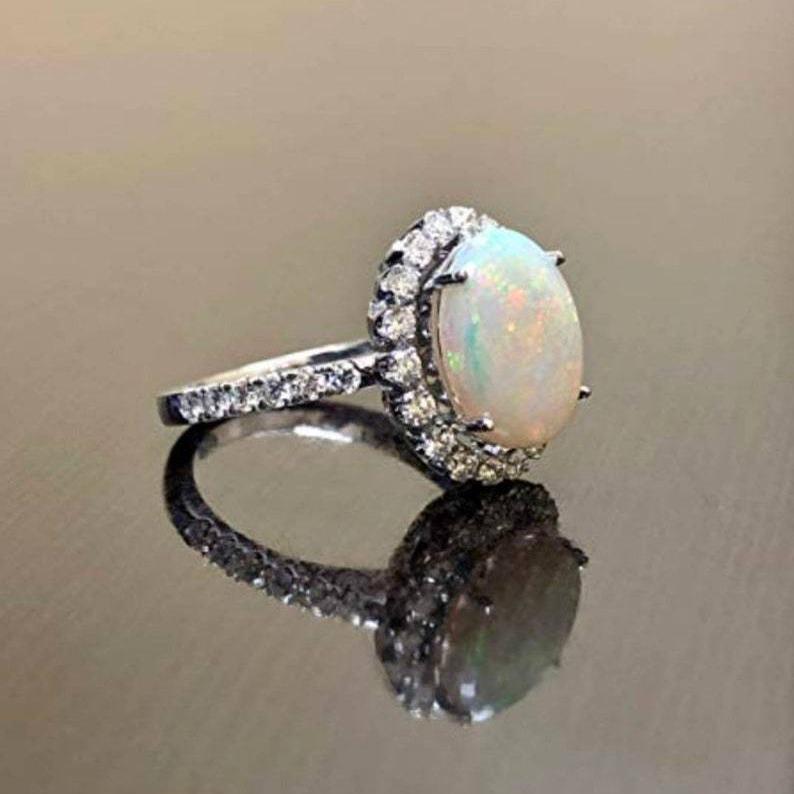 TEMU Vintage Alloy Inlaid Opal Ring - European & American Ladies' Engagement Ring