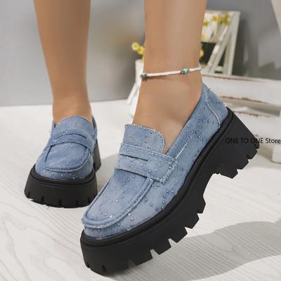 205 новых женских туфель на толстом каблуке, модные туфли на платформе с кристаллами, женские готические туфли-лодочки из денима с толстой подошвой Mujer