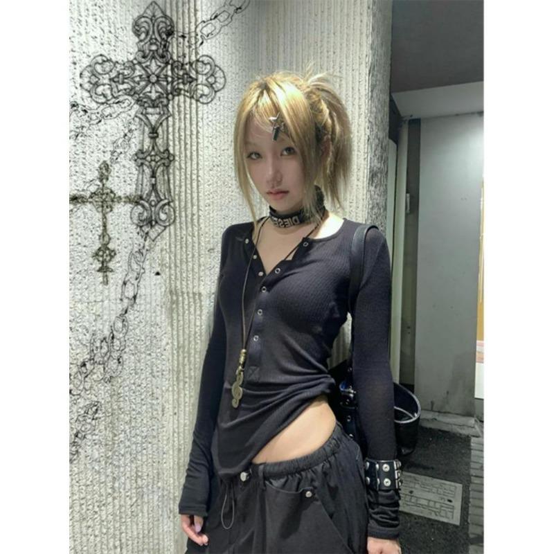 2KWEIRD Y2k Японская футболка Женская Кружевная с Длинным Рукавом Принт Графические Топы Уличная Одежда Американский Ретро 90-е Кроп-топы