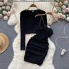 Осень Маленький Ароматный Ветер Ретро Ряд Короткий Топ + Халтер с Подвеской На Шею Облегающее Платье Миди Комплект из Двух Предметов