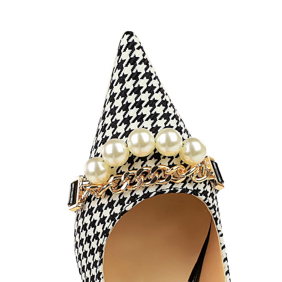 Корейская версия женской обуви на высоком каблуке, клетчатая обувь с острым носком и полой спинкой, туфли с жемчужной металлической цепочкой