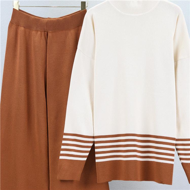 Осенне-зимний женский вязаный костюм, полуводолазка, свитер, цветные брюки, широкие брюки, модный комплект из двух предметов Tide