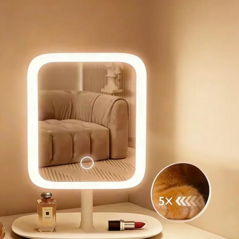 Регулируемое LED Зеркало для Макияжа с 3 Цветами Света, USB-Зарядка, Яркость, Косметическое Зеркало, Поворот на 270°, Настольное Туалетное Зеркало