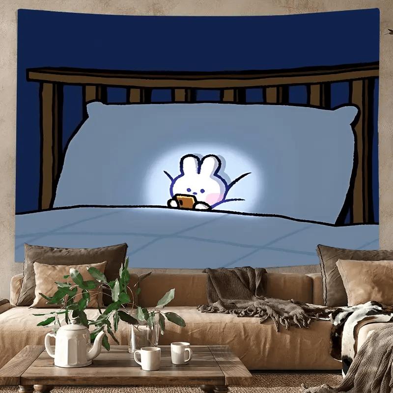 1pc Cute Rabbit Night Sleep Blue Tapestry Polyester Wall Hanging Suitable for Room Bedroom Dorm Decoration Scene Cloth Backgroun