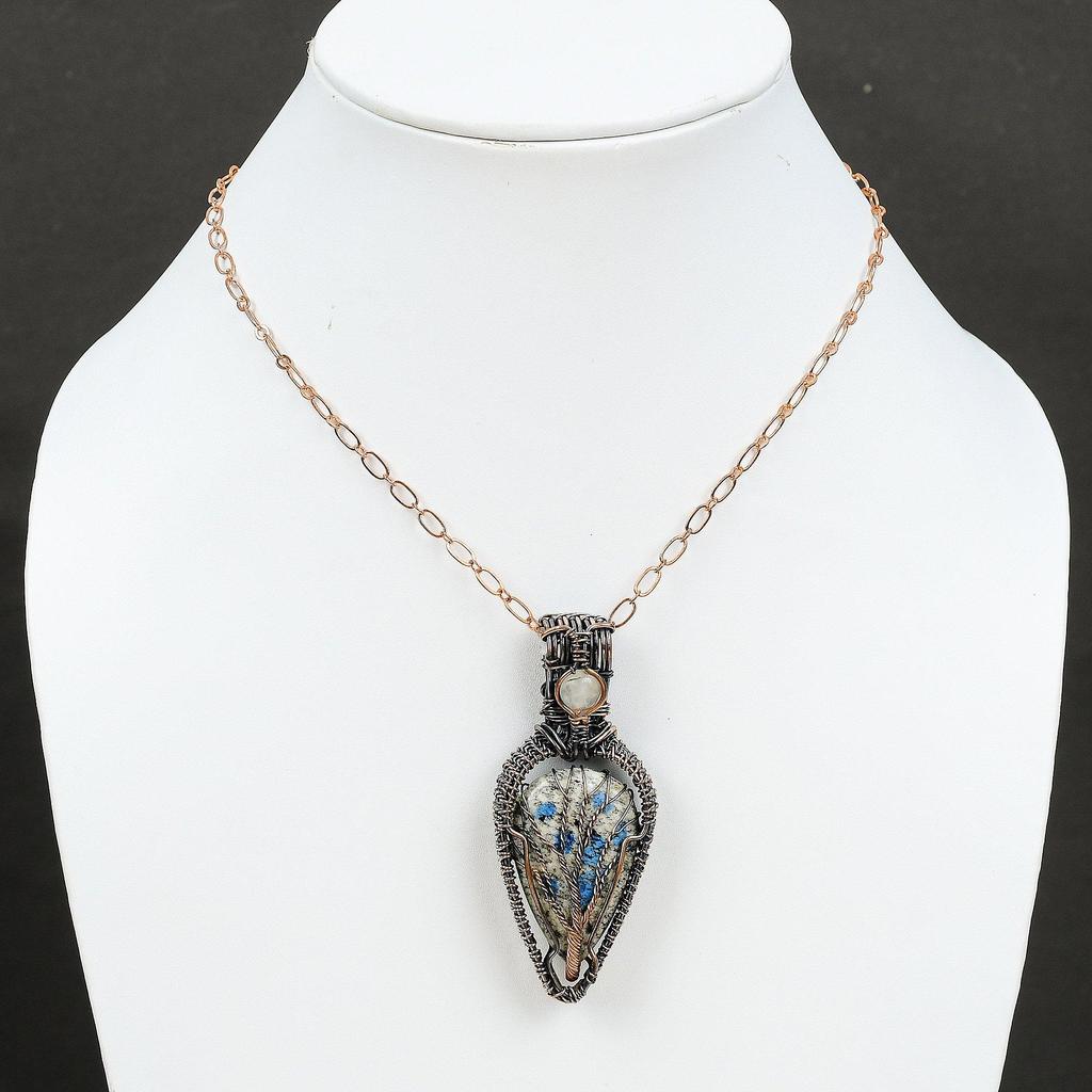 Древо жизни K2 Яшма Медный кулон Медная проволока обернутая ювелирные изделия ручной работы Подвеска из настоящего драгоценного камня Древо жизни Ювелирные изделия Лунный камень Проволока кулон