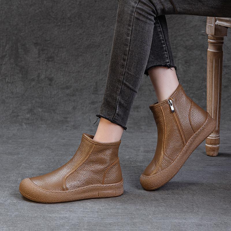 Женские кожаные полусапоги из коровьей кожи первого слоя на плоской подошве, удобные, с боковой молнией, с круглым носком, новые, с короткой шерстью, теплые