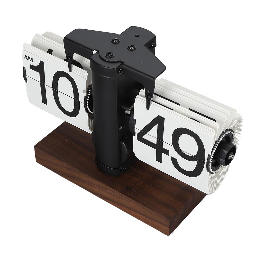 Digital Flip Clock 12h Single Sided Large Numbers Automatic Retro Mechanical Flip Clock Wood Base for Living Room