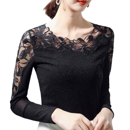 Женские топы с круглым вырезом и длинным рукавом, сетчатые кружевные вышитые пуловеры, топы, однотонные