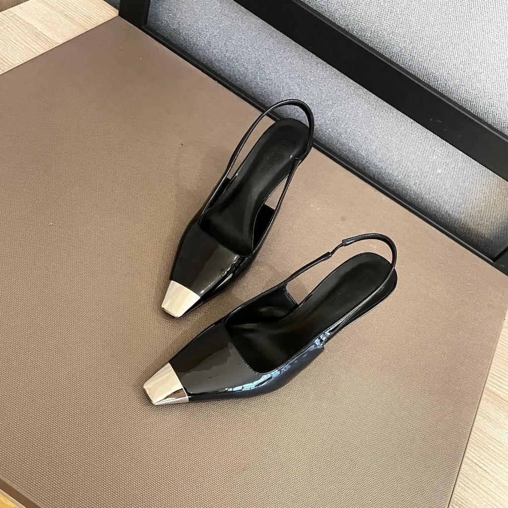 Fashion New Square Toe Thin Heel Sandals Black Wrapped Heels High Heels Metal Toe Women's Single Shoes