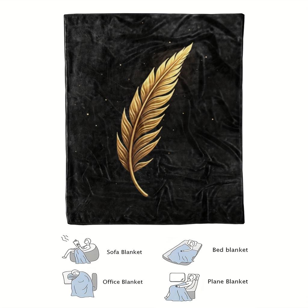 1pc Black Feather Print Flannel Blanket - Soft, High-Definition Digital Print, 100% Polyester, All-Season Comfort, Perfect Gift