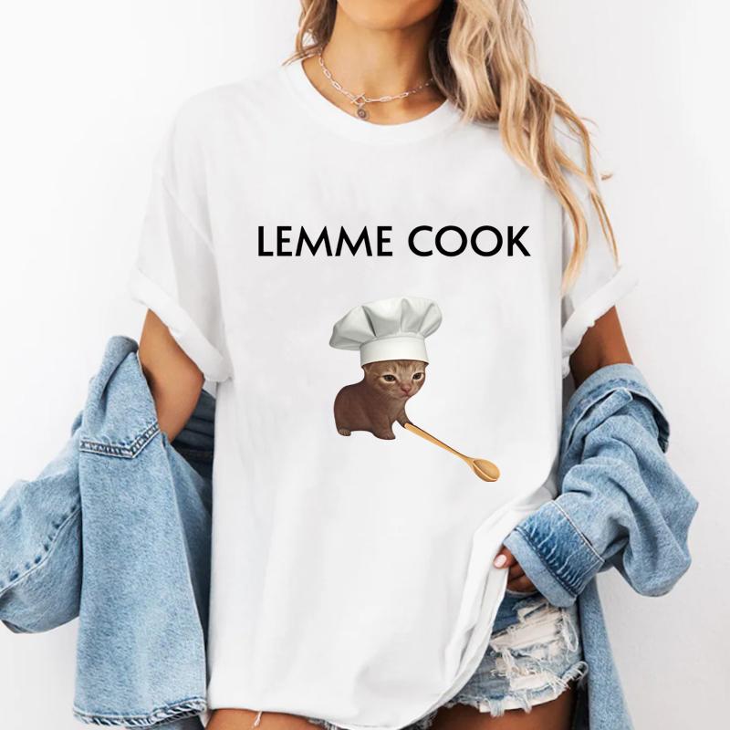 Смешная футболка с мемом про кота LEMME COOK Милый кот-шеф-повар Футболка для унисекса Смешные графические футболки Повседневные футболки с круглым вырезом