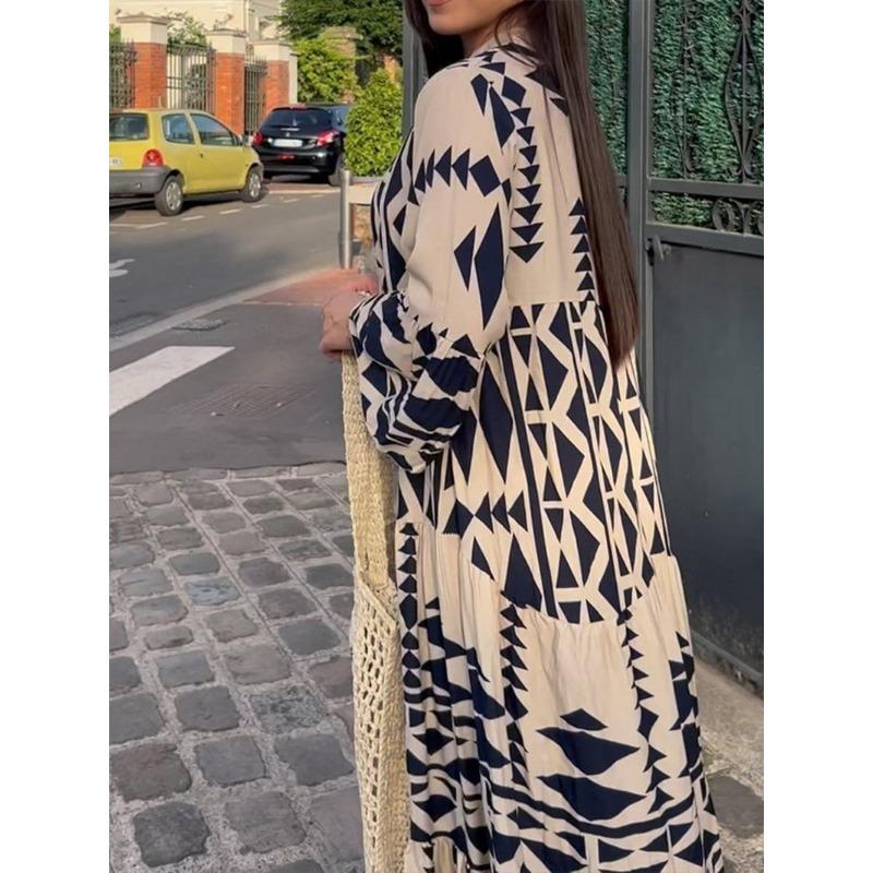 Элегантное платье макси, женское повседневное уличное платье, винтажное геометрическое платье с v-образным вырезом в стиле бохо, пляжные длинные свободные платья, женские платья, халат Ete Femme