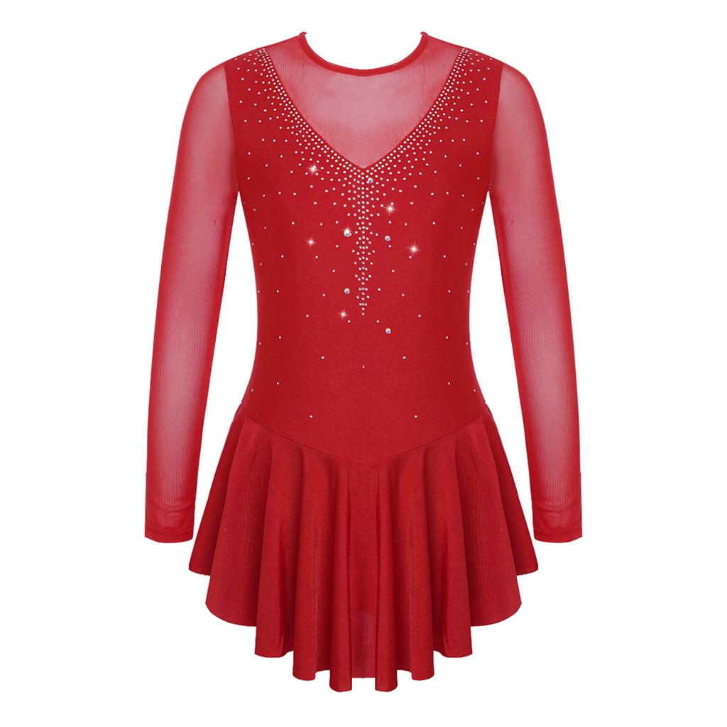 Kids Girls Stylish Dress Long Sleeve Sparkly Rhinestone Patchwork Style Gymnastics Leotard Dress Dancewear
