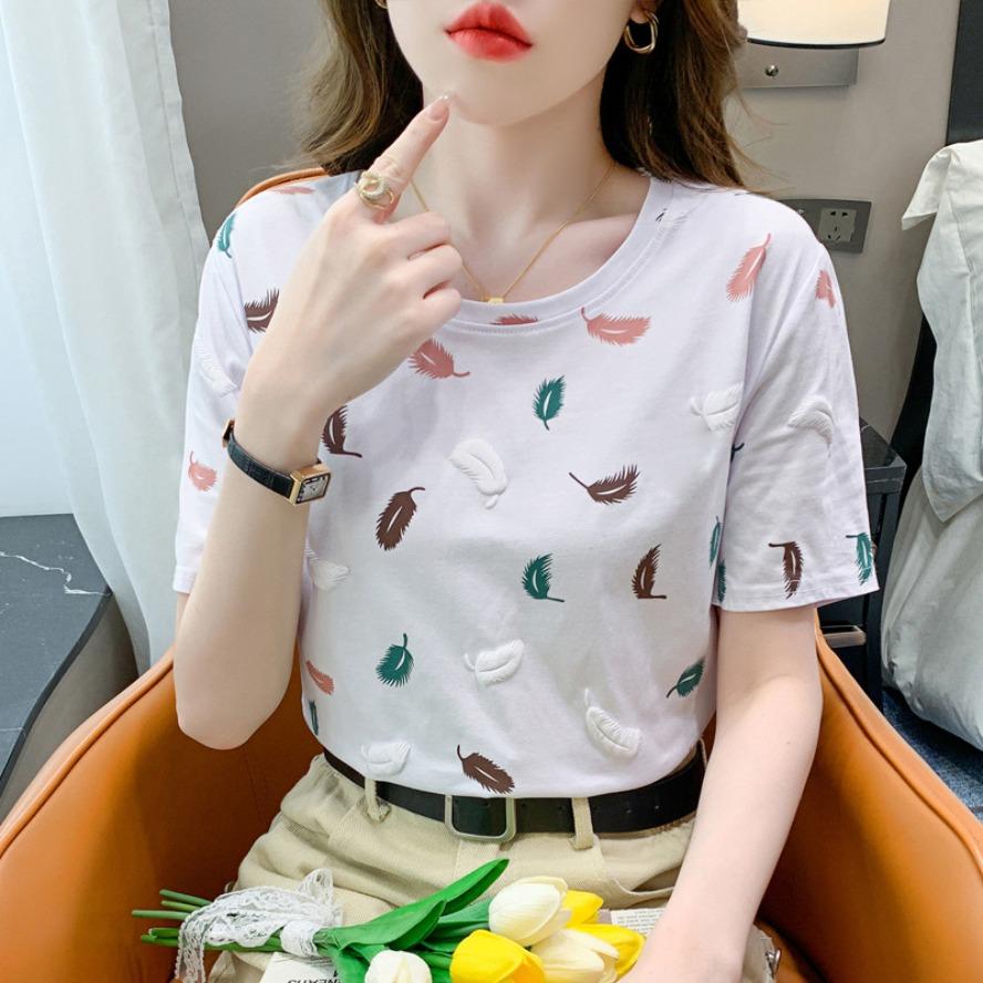 YYFS Женские модные повседневные летние весенние блузки и рубашки с короткими рукавами и круглым вырезом с принтом перьев